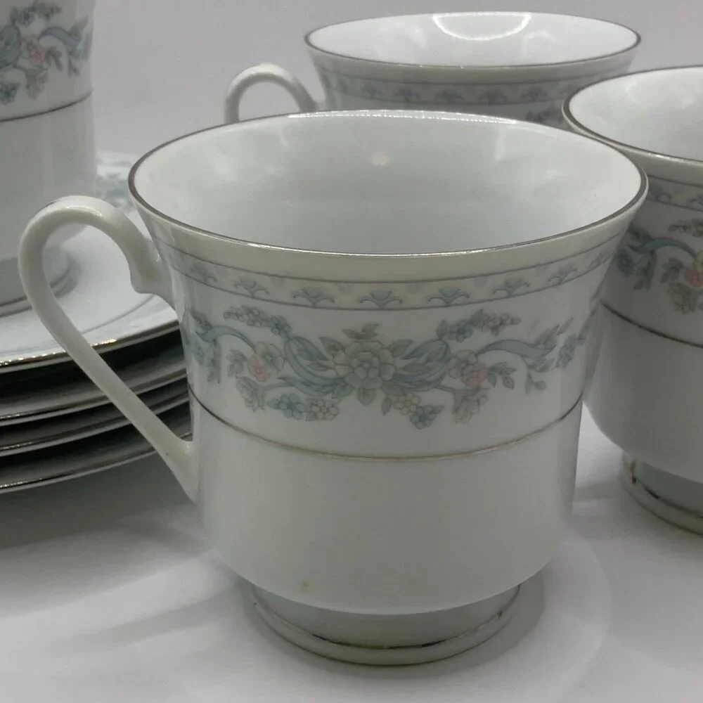 Somerset  Blue, Pink & Green Flowers w/Blue Ribbon Silver Trimmed Cups & Saucers